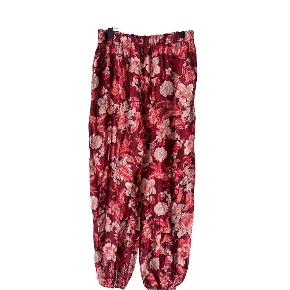 Zara Woman Burgundy Red Floral Print Elastic Waist Jogger Pants Size M